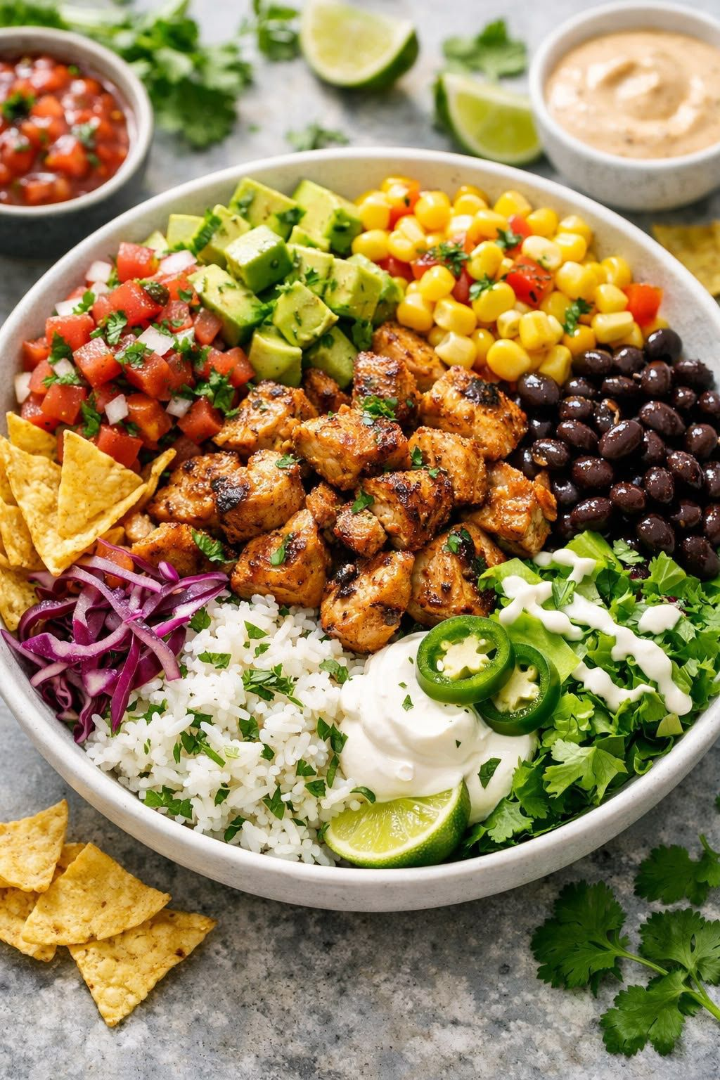 Halal burrito bowl with grilled chicken, black beans, rice, corn salsa, and avocado