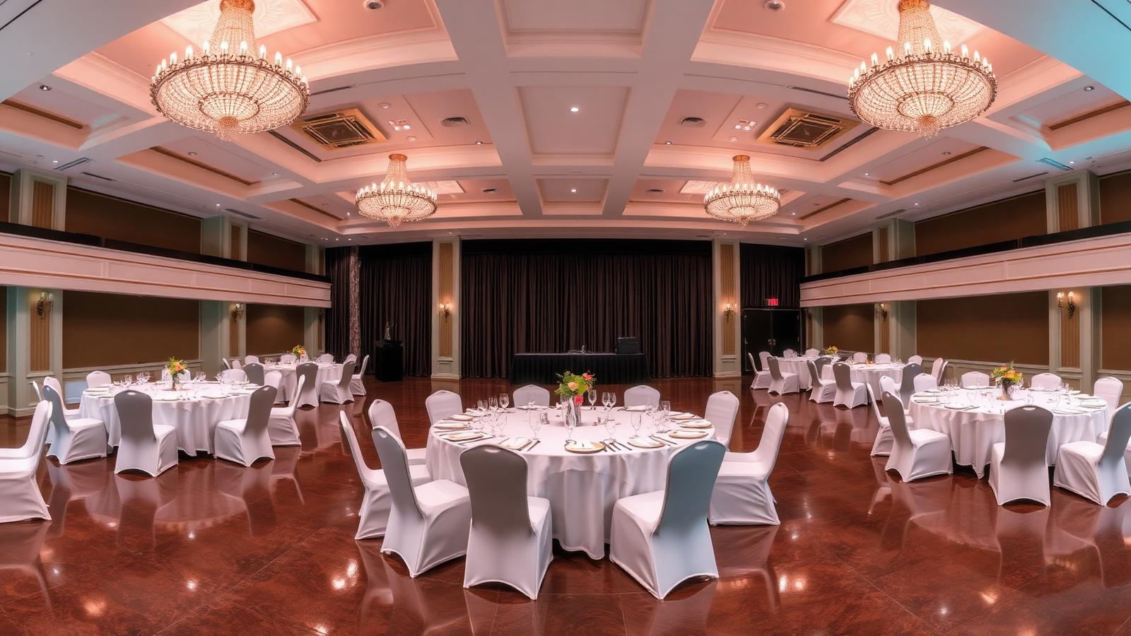 Elegant ballroom set for a corporate luncheon at Town & Country Event Center