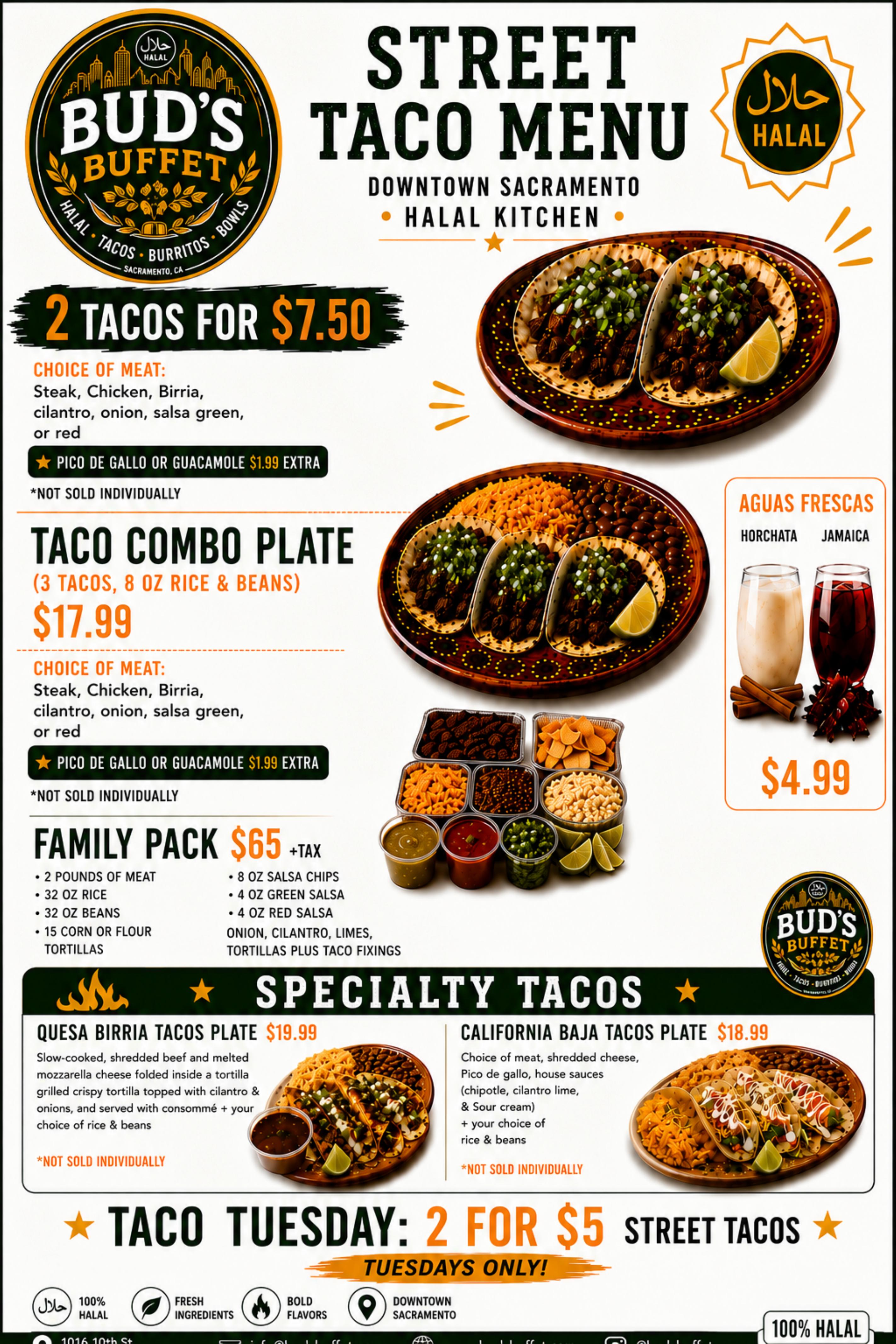 Bud's Buffet street taco flyer — 2 tacos $7.50, combo plate $17.99, family pack $65, Taco Tuesday 2 for $5