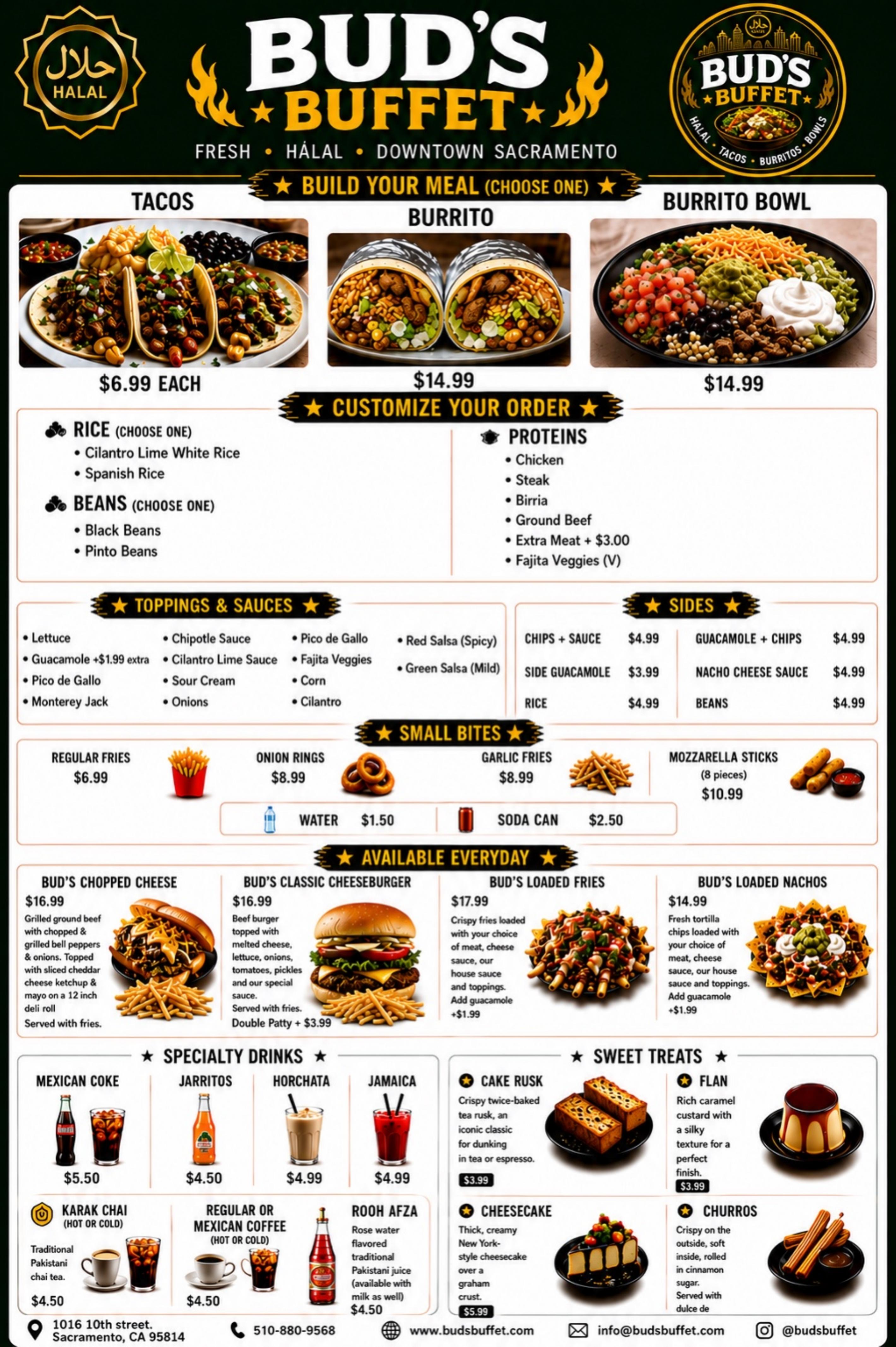 Bud's Buffet full menu flyer with photos of every dish